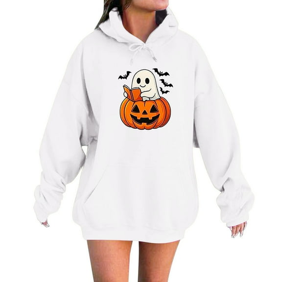 Ladies' Halloween Casual Printed Round-Neck Long-Sleeved Hoodie Pullover, White M