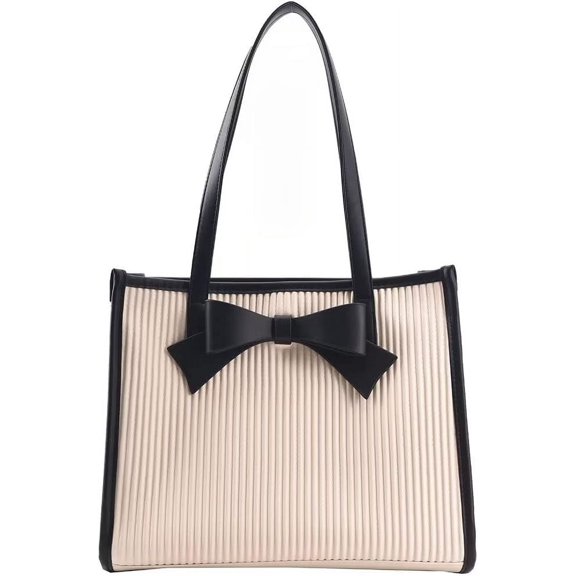 Ladies Handbag Cute Stripe Medium Work Bag Elegant Daily Shoulder Bag with Bowknot