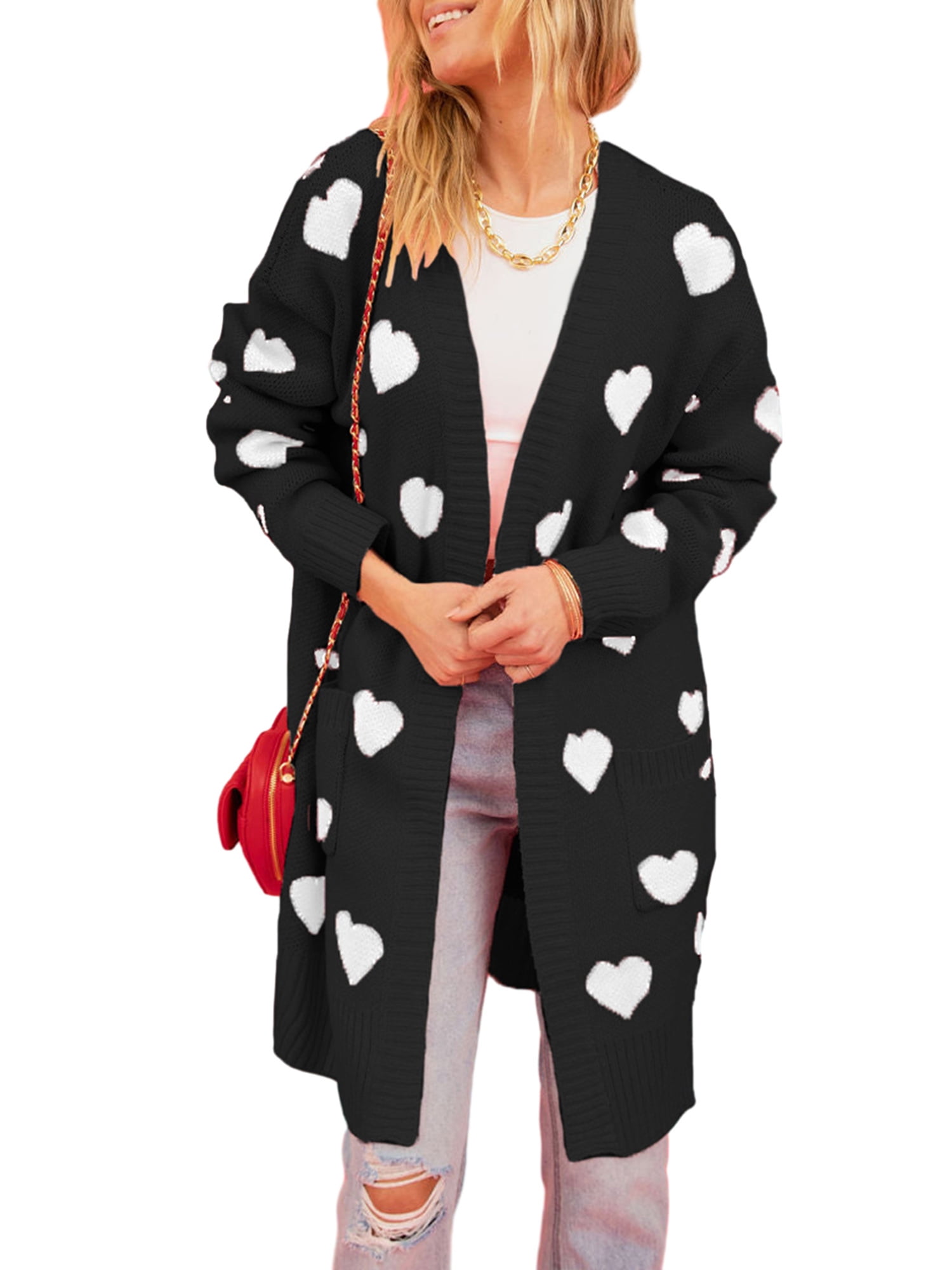 Ladies Heart Print Cardigans with Pockets in Open Front Duster Style Walmart
