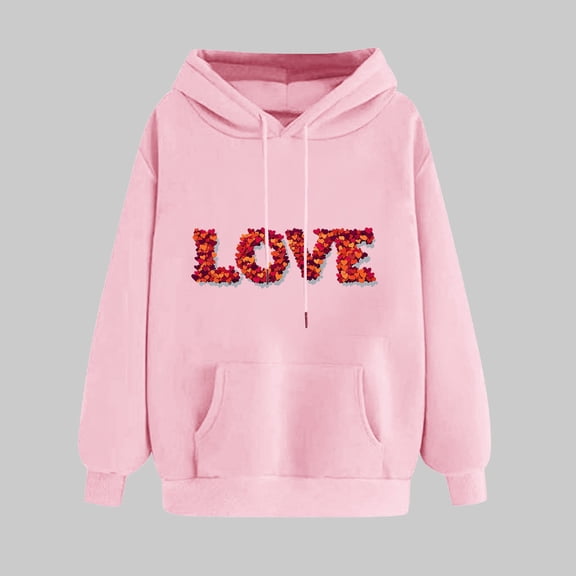 Ladies' Heart Print Valentine's Day Hoodie Long Sleeve Knit Blend Pullover Top