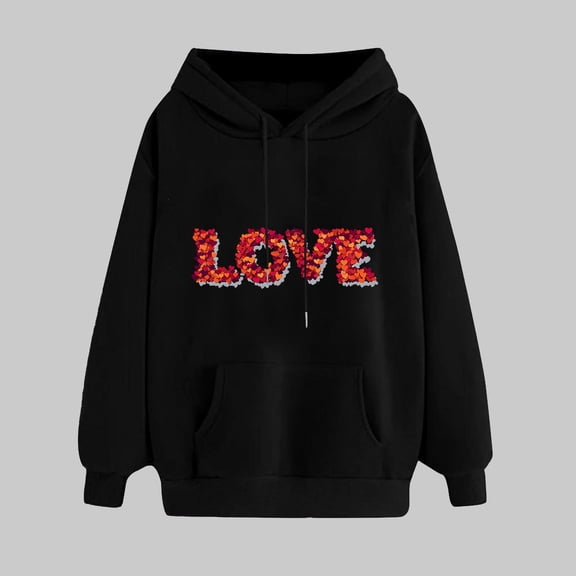 Ladies' Heart Print Valentine's Day Hoodie Long Sleeve Knit Blend Pullover Top