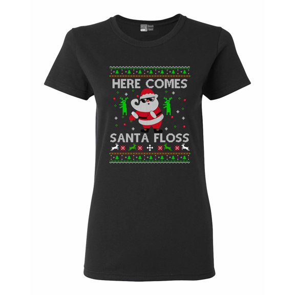 Ladies Here Comes Santa Floss Dance Christmas Funny DT T-Shirt Tee