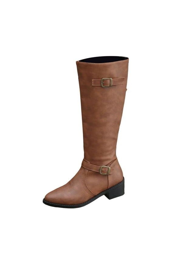 Ladies -High Boots British Style Leather Belt Buckle Decorative Knee Boots for Fashionable Women 8 Brown