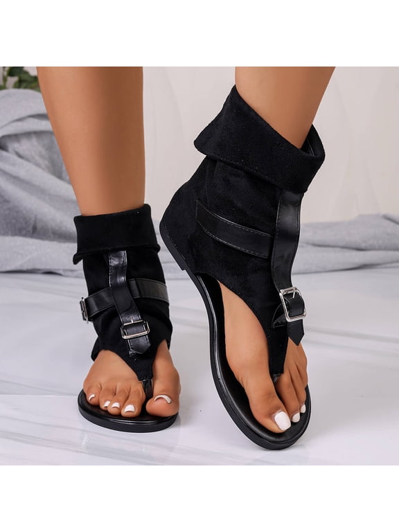 Ladies' High Top Toe Flat Sandals, Fashionable Suede Exposed Toe Toe Comfortable Back Zipper Flat Sandals, Short Boots