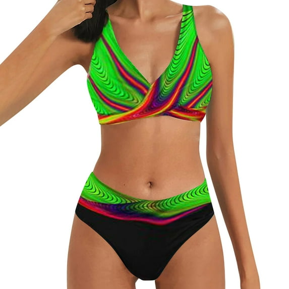 Ladies High Waist Printed V Neck Color Block Beach Bikini Two Piece Swimsuit Fabric: Polyester Spandex Bathing Suits For Women Womens Swim Suit Women'S Bathing Suits For Older Women Full Butt Coverage