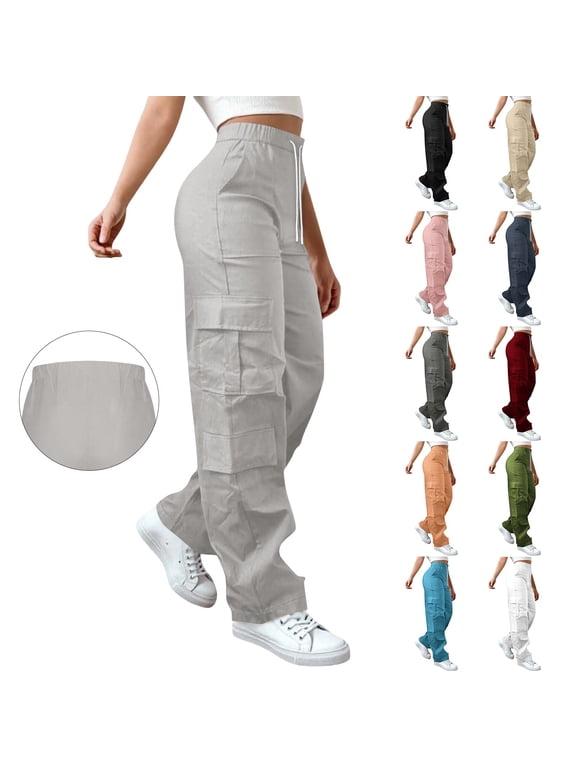 Ladies High Waist Straight Leg Trousers with Side Pockets Elastic Waist Comfortable Loose Fit for Office and Casual