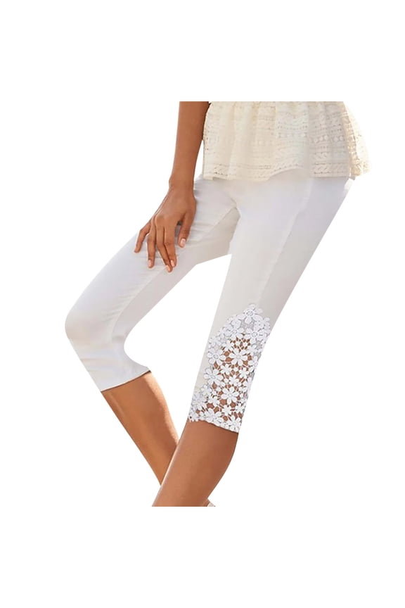Ladies High Waist Stretch Cropped Leggings Floral Lace Bottoms Matching Plus Size Capri Pants for Casual Yoga (XL, White)