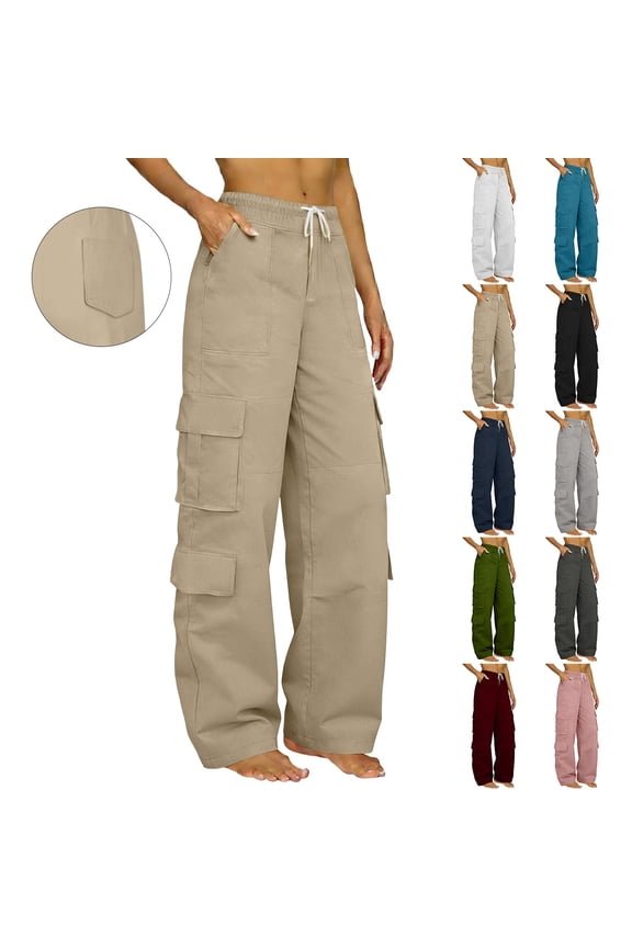 Ladies' High Waisted Straight Leg Work Pants Side Pockets Elastic Loose Fit Casual