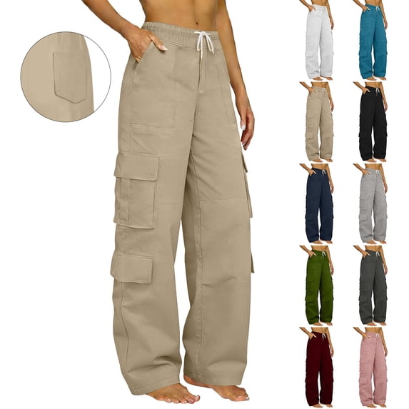 Ladies' High Waisted Straight Leg Work Pants Side Pockets Elastic Loose