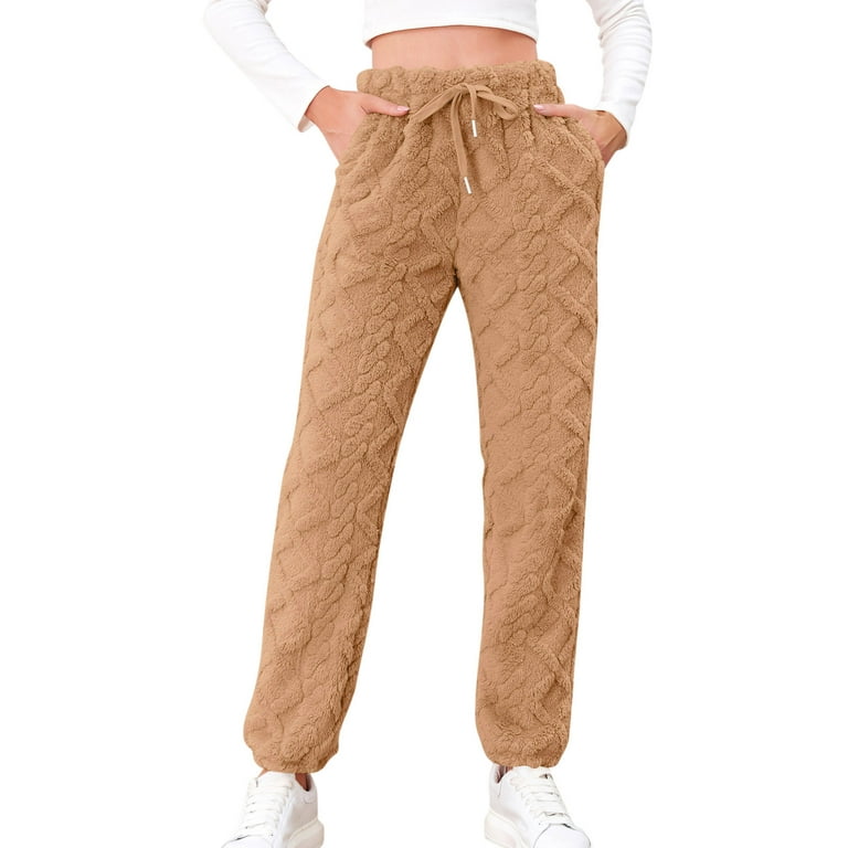 Ladies Hiking Pants Winter Warm Thicken Drawstring Comfy Yoga Pajams Fluffy  Pant Business Office Workwear Trousers Khaki XXL