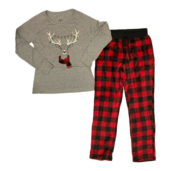 Ladies Holiday #Famjam Reindeer, Black/Red, Plaid Fleece Pajamas