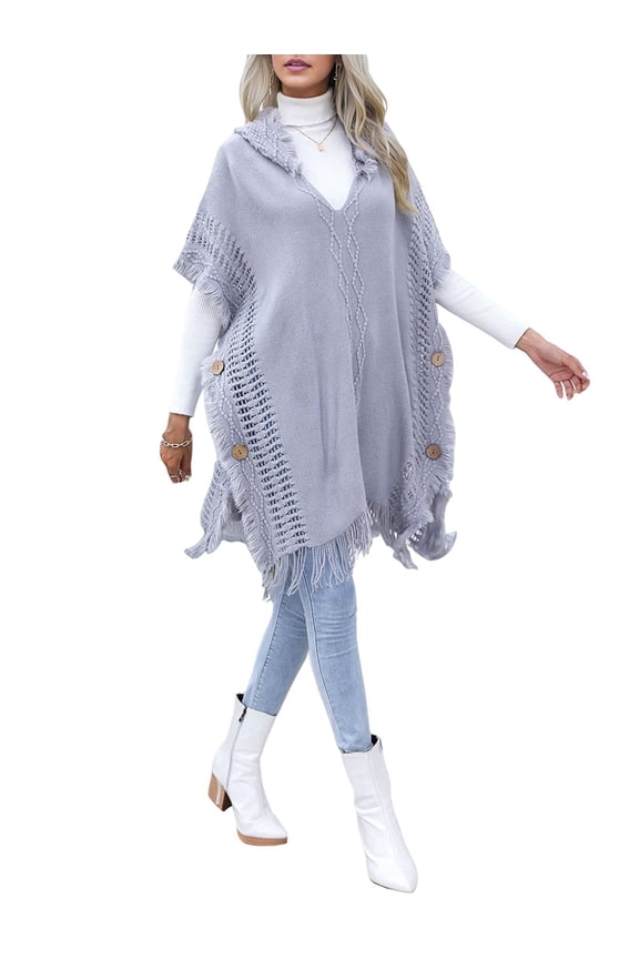 Ladies' Hooded Cape with Fringed Hem, Crochet Poncho Knitting Patterns for Women Gray One size