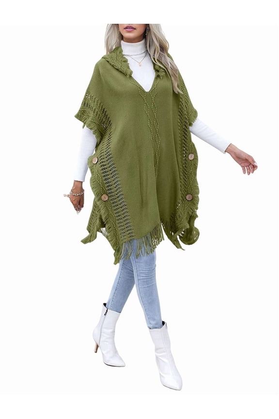 Ladies' Hooded Cape with Fringed Hem, Crochet Poncho Knitting Patterns for Women Green One Size