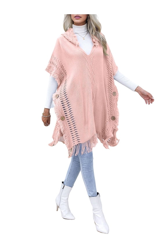 Ladies' Hooded Cape with Fringed Hem, Crochet Poncho Knitting Patterns for Women Pink One size