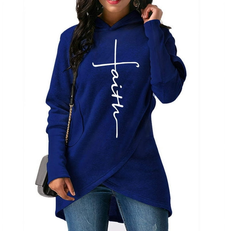 Ladies Hoodie Women's Sweatshirt Faith Print Long Sleeve Jumper Top T shirt  Grey Size XL