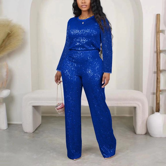 Ladies Hoodies Long Sleeve Set Women's Solid Color Sequin Outfit Sparkly 2 Piece Casual Sets Long Sleeve Tops Wide Leg Pants Clubwear Blue XXL