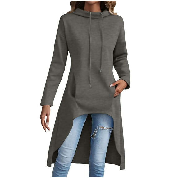 Ladies Hoodies Mid Length Drawstring Pullover Sweatshirts Long Sleeve Tops High Low Hem Tunics with Pocket (L, Gray)
