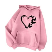 Ladies Hoodies Sweatshirts Love Heart Printed Long Sleeve Clothes Autumn Winter Leisure Comfortable Temperament Round Neck Pocket Sweater Tops Weekend Holiday Sweatshirt For Woman