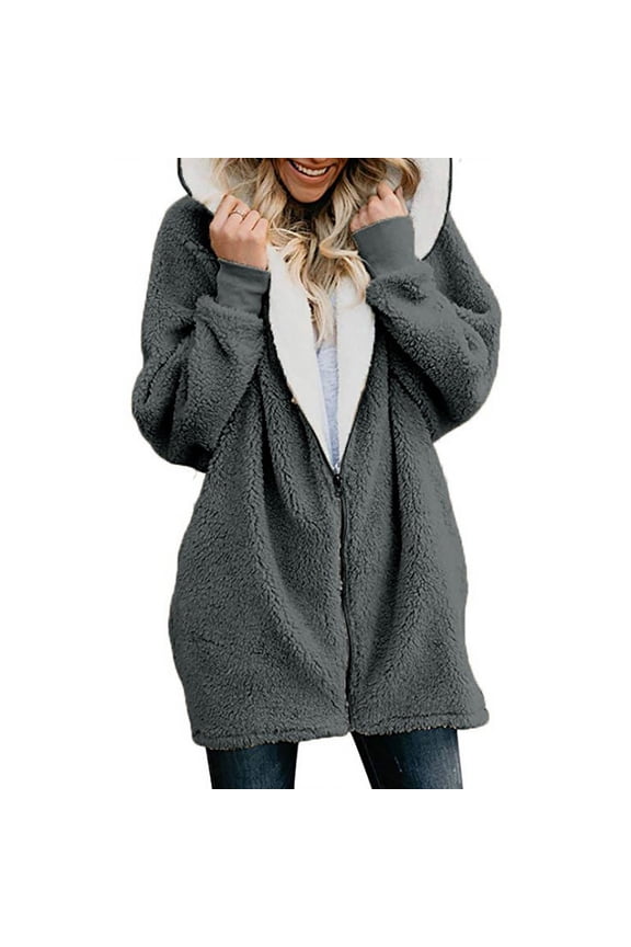Ladies Hoodies UK, Loose Plain Teddy Fleece Jacket Warm Comfortable Double Fluffy Hooded Sweatshirt Coats Causal Zip Up Longline Winter Jackets Plus Size Zipper Outwear, S-XXL