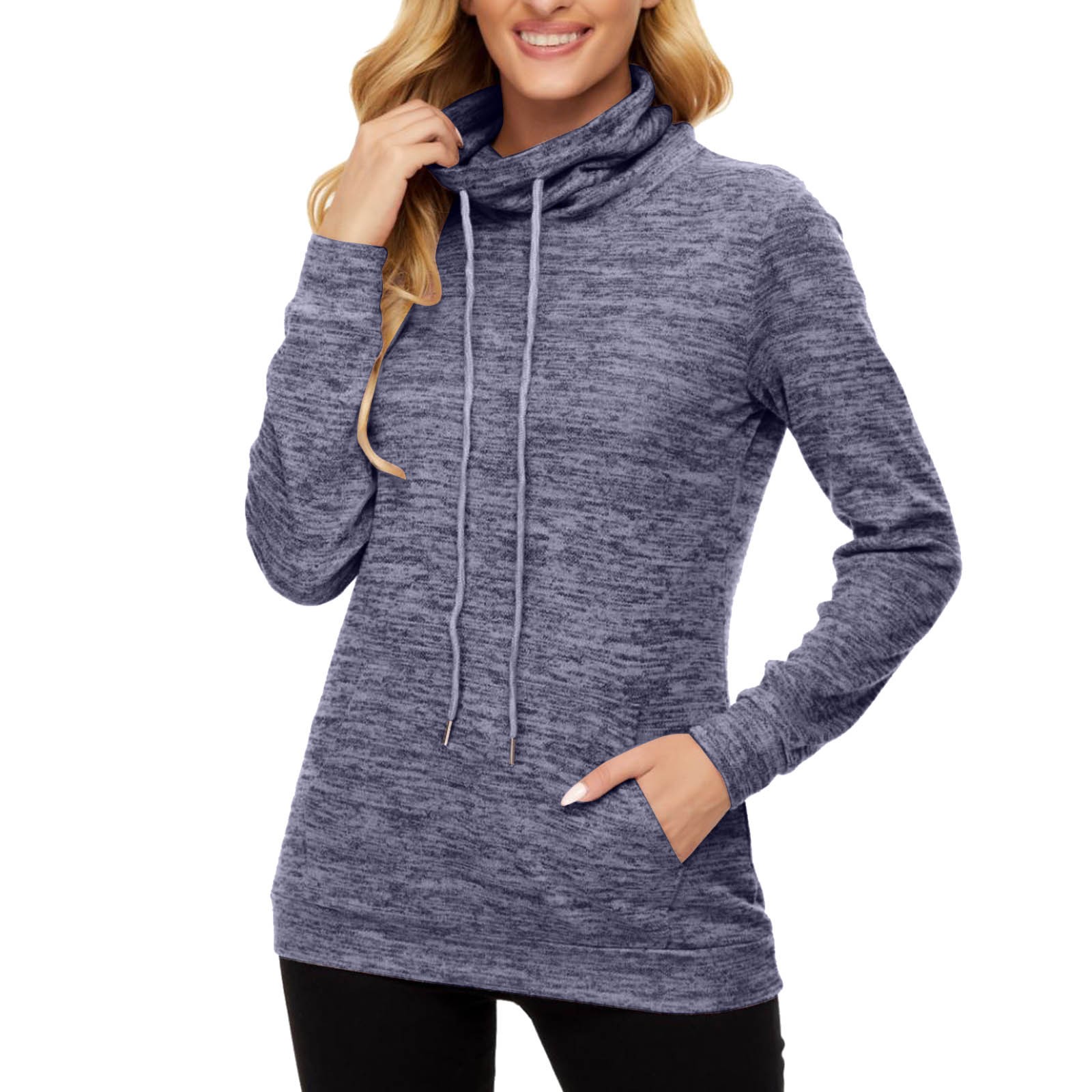Ladies Hoodless Sweatshirts Solid Color High Collar Long Sleeve Fashion