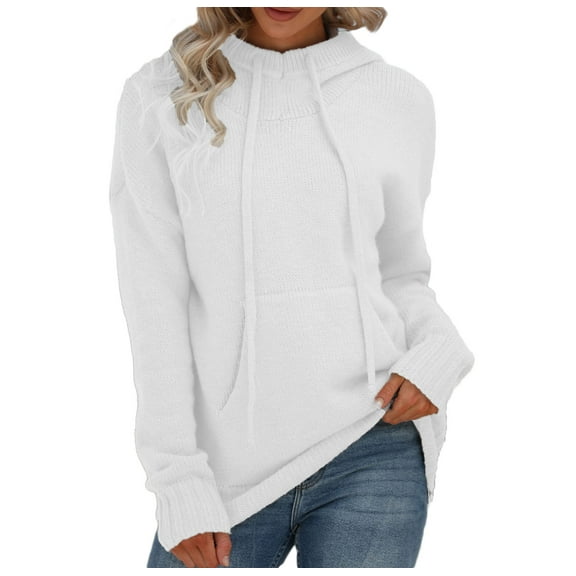 Ladies Hoody Knitted Sweater with Pocket Drawstring Hooded Sweaters Stretch Comfy Fashion Sweatshirts Long Sleeve Tops