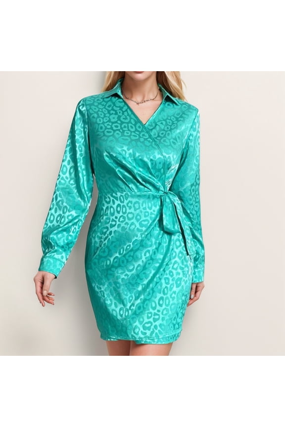 Ladies' Hot Style Elegant Leopard Print Suit Collar Long Sleeve Mid Waist Tie Up Short Skirt Casual Skirt Dress with Shorts Young Woman Dresses Wrap Dresses Maternity Midi Dress Women Work Dresses