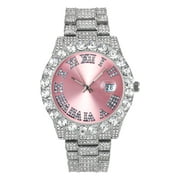 Ladies Iced Out Watch with Solitaire Bezel - 40mm Case Size - Simulated Diamond Watch + Adjustable Metal Band - Quartz Movement - Silver Finish