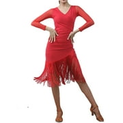 Ladies Illusion Long Sleeve Keyhole Fringe Wrap Latin Rhythm Rumba Samba Bachata Kizomba Dance Dresses Wear