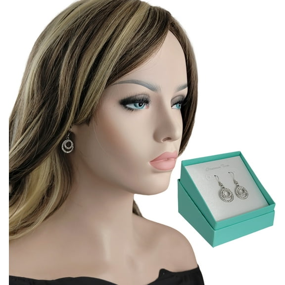 Ladies Infinity Circle Rhinestone Dangle Earrings - Silver Tone - Gift Boxed