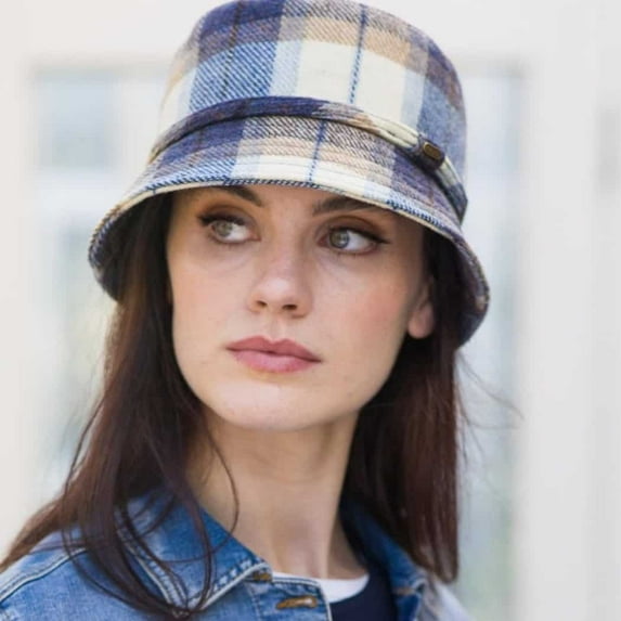 Ladies Irish Tweed Blue Plaid Emily Hat Made By Mucros Weavers