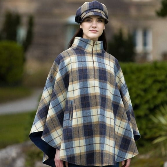 Mucros Weavers Women's Blue Plaid Heavyweight Poncho with Zipper and Pockets