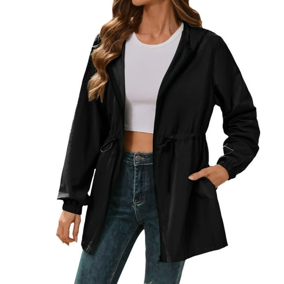 Ladies Jackets Spring Fall Windbreaker Hooded Outdoor Softshell Jacket Zip Up Lightweight Raincoat Sports Black L