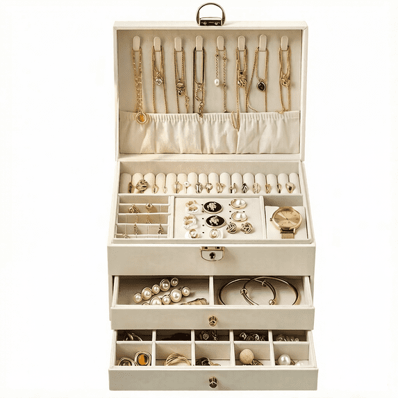 Ladies' Jewelry Box, Girls' Gift, (White) Large Home Jewelry Storage Box with Removable Tray, Three Layer PU Leather Velvet Display Ring Jewelry Rack Necklace Earrings Bracelet