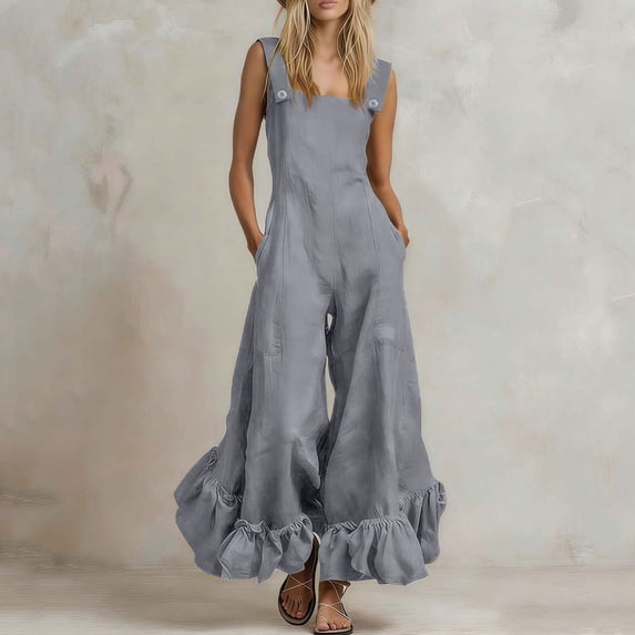 Ladies Jumpsuits Women’s Button Strap Jumpsuit Squares Neck Ruffle Hem Wide Leg Flowy Pants Overalls with Pockets, Summer Boho Casual Wear Gray L