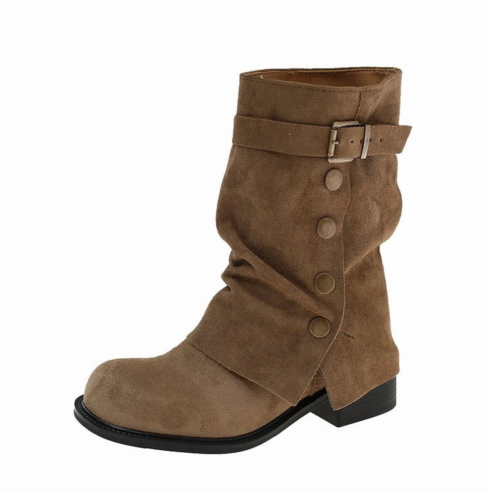 Ladies Khaki Metal Button Mid-Calf Boots, Ruched Matte Texture Low ...