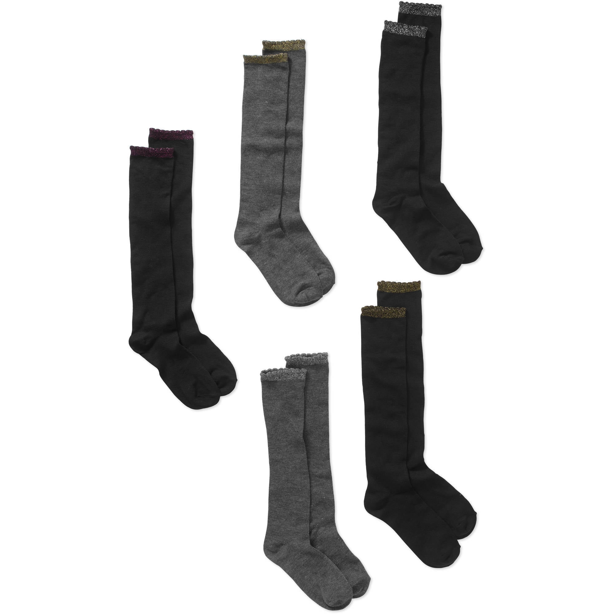 Ladies Knee High Socks Solid With Bling Around Top, 5 Pack