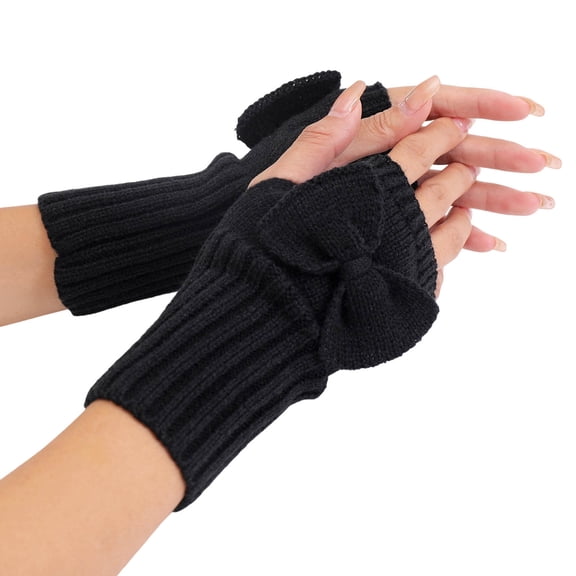 Ladies Knitted Half Finger Gloves Yarn Bow Soft Warm Winter