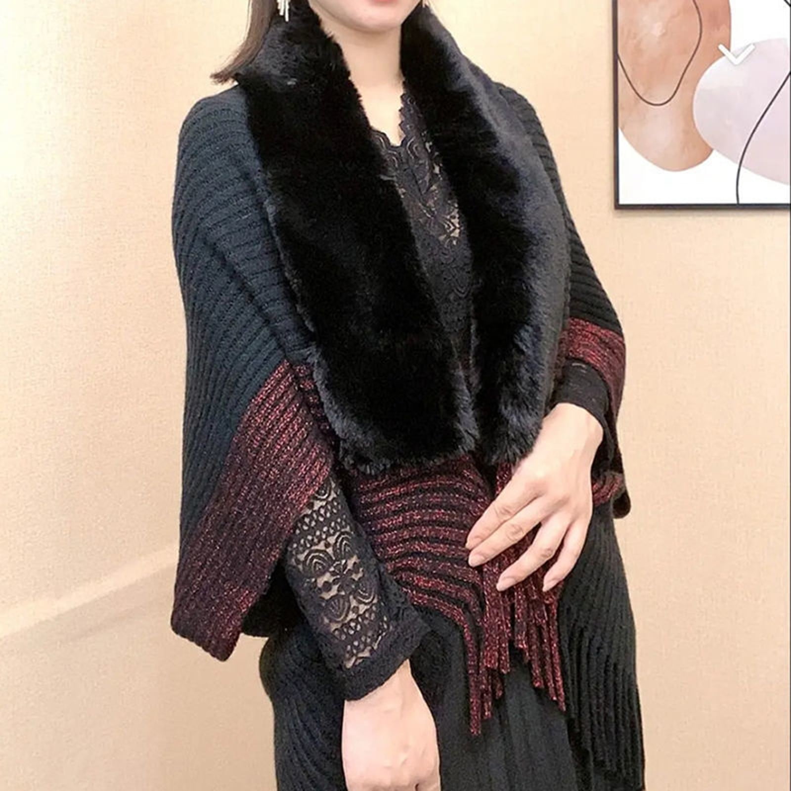 Women Faux Fur Collar Knit Wrap Cape Open Front Tassel Hem Winter Shawl  Warm Wrap Cape (F) at  Women's Clothing store