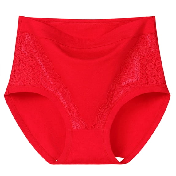 Ladies Lace Decorated High Waist Briefs, Comfortable Tummy Control Underwear with Symmetrical Design, Multiple Color Choices Red 6XL
