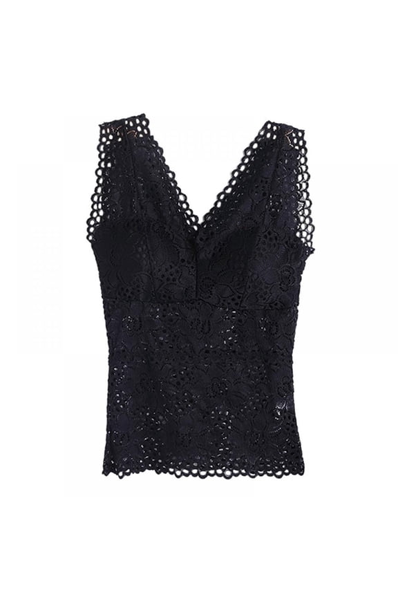 Ladies Lace Flower With Chest Pad Long V-Neck Sleeveless Solid Color Vest