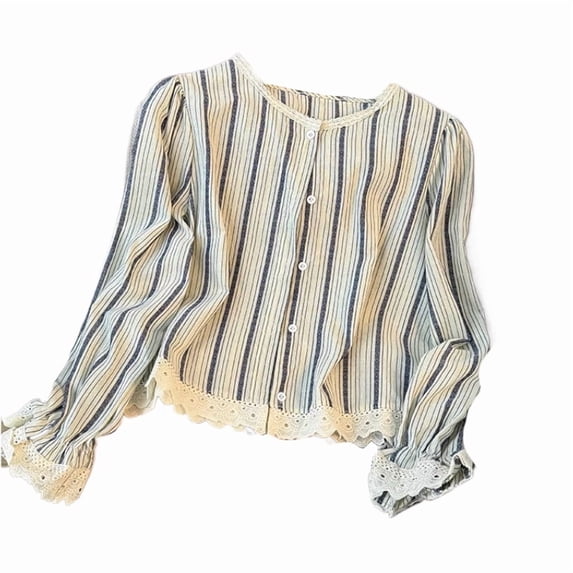 Ladies Lace Striped Long Sleeve Blouse Crew-neck Single Breasted Loose Version