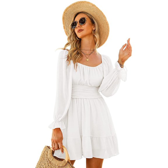 Ladies Lace-up Long Lantern Sleeves Square Neck Ruffle Dress