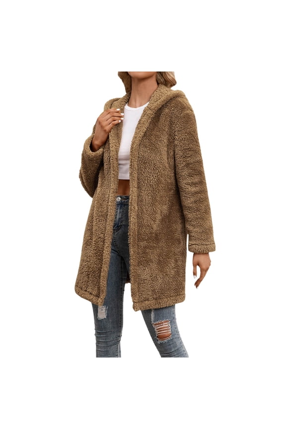Ladies Lamb Wool Mid Length Cardigan Hooded Trench Coat European And American Casual Plush Coat