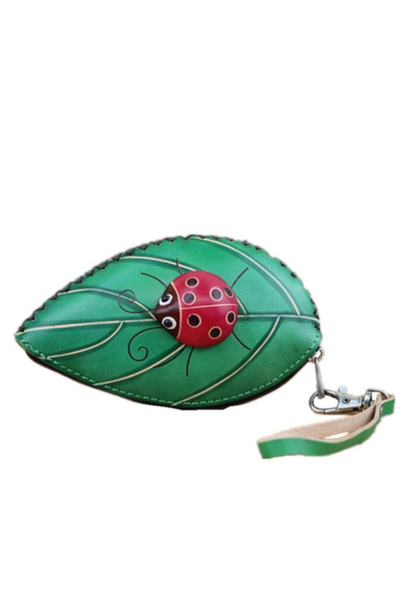 Ladies Leaf Ladybug Leather Coin Purse Can Put Coin Clutch Bag Handmade Leather Creative Key Case (Green)