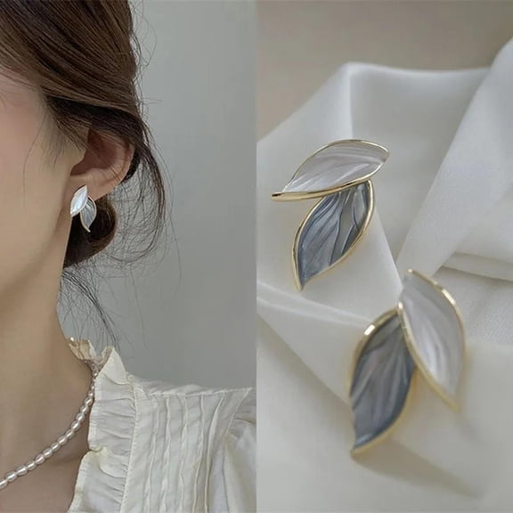 Ladies Leaf Stud Earrings, Gradient Blue Enamel, Pale White Top, Gold Outline, Mother's Day Gift for Wife, Dainty Jewelry, 1 Pair