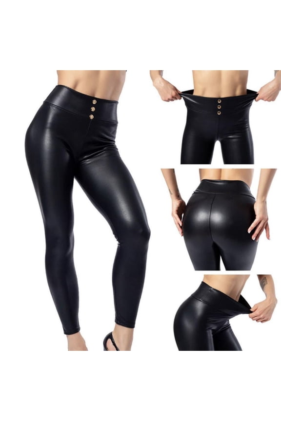 Ladies Leather Pants Button Style High Waist Leather Pants High Elastic Skinny Leggings S Fit Stretchy Leather Pants Leather like Pants High Waist Straight Leg Pant Zipper Leggings plus Size Women
