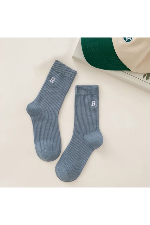 Ladies Letter Embroidered Long Stockings Candy Color Solid Knit Pile Crew Socks, Blue