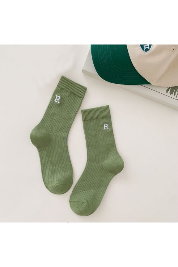 Ladies Letter Embroidered Long Stockings Candy Color Solid Knit Pile Crew Socks, Green