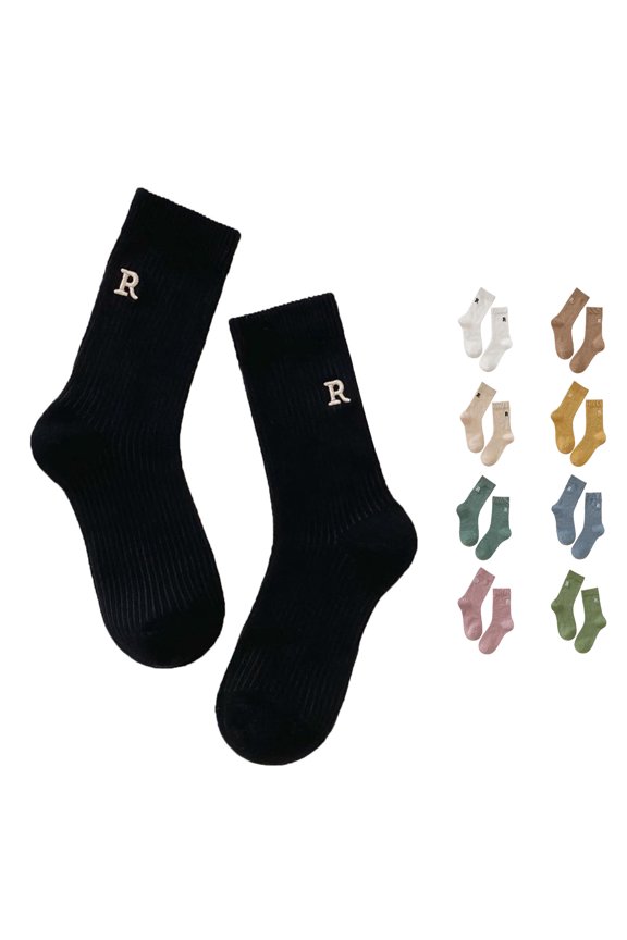 Ladies Letter R Embroidered Socks Candy Color Solid Long Pile Stockings