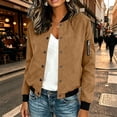 thumbnail image 1 of Ladies Lightweight Faux Suede Flight Bomber Jacket Ribbed Cuff & Hem Baseball Collar Long Sleeve Casual Coat with Pocket Outerwear Brown S, 1 of 6